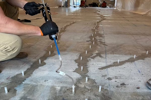 Réparation de fissures dans une dalle de béton.