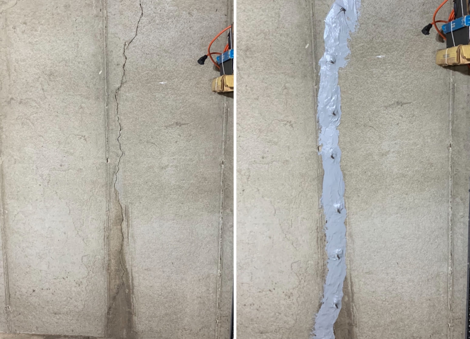 Réparation de fissure dans un mur en béton.